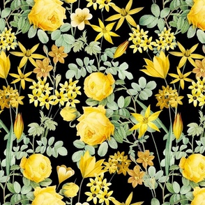 Nostalgic Yellow Pierre-Joseph Redouté Roses,Blue Hydrangea, Antique Sunny Branches And Flower Bouquets, Vintage Home Decor,  English Rose Fabric - black