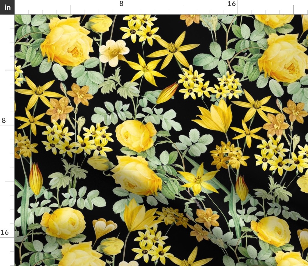 Nostalgic Yellow Pierre-Joseph Redouté Roses,Blue Hydrangea, Antique Sunny Branches And Flower Bouquets, Vintage Home Decor,  English Rose Fabric - black