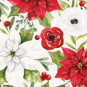 Watercolor Vintage Christmas Poinsettia and Holly Floral 24 inch