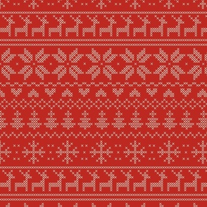 Fair isle inspired winter cross stitch - cream stiches on red, small scale