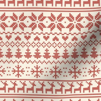 Fair isle inspired winter cross stitch - red stitches on cream, XS scale