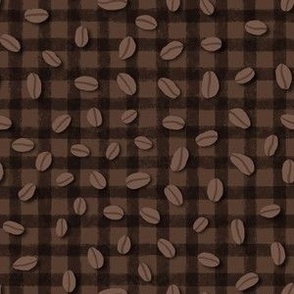 Coffee Beans on Black Gingham Plaid Check Pattern