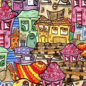 cute suburbia watercolor collage, jumbo large scale, red orange yellow green blue indigo violet brown beige tan pink