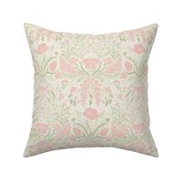 Wildflower Botanical Damask Pattern Pale Pink and Green on Swiss Coffee background 