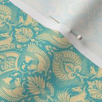 doll scale fancy damask with animals, palest goldenrod on turquoise