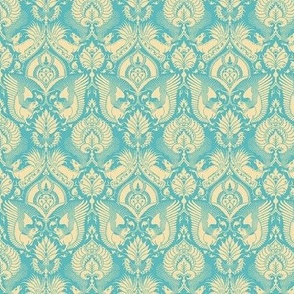 doll scale fancy damask with animals, palest goldenrod on turquoise