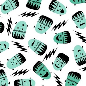 Hand Drawn Halloween - Cartoon Frankenstein Monster Faces with Lightning Bolts - Large 12x12