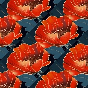 Geometric flowers - bright bold colors - maximalist red poppies in art deco style