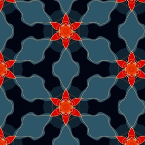 Geometric florals in teal and crimson red on a navy blue background - in the style of Moroccan tiles - boho chic influence