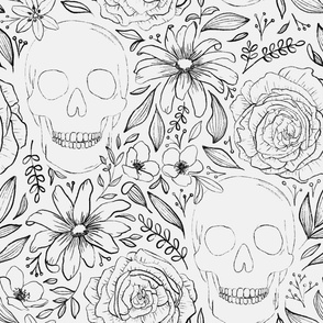 Whimsigoth Skeleton | Large Scale | Bright White, charcoal grey | hand drawn line art flowers