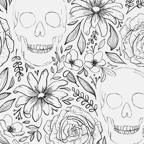 Whimsigoth Skeleton | Medium Scale | Bright White, charcoal grey | hand drawn line art flowers