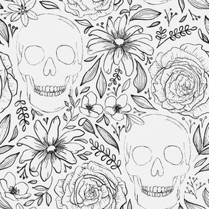 Whimsigoth Skeleton | Small Scale | Bright White, charcoal grey | hand drawn line art flowers