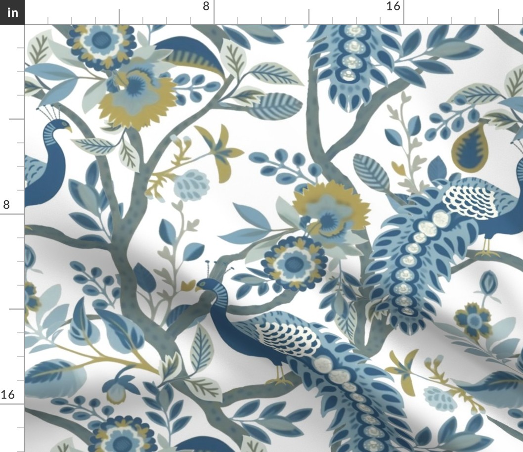 Peacock Fandango - Blue/Gold on White Wallpaper 