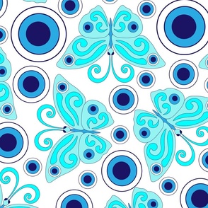 Blue butterflies, evil eye, hand drawn, white background. Seamless pattern (large) -158(4).
