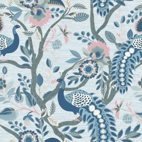 Peacock Fandango - Blue/Pink on Blue Grasscloth Wallpaper