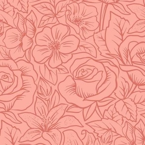 French Country Floral - Outline - Deep Rose - Regular Scale