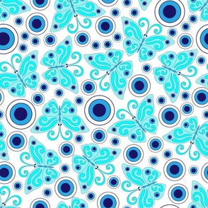 Blue butterflies, evil eye, hand drawn, white background. Seamless pattern (medium) -158(4). 