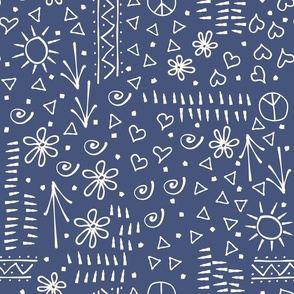 (L) Peace Love Doodles 60s/70s Cream on Blue Celebrating Mother Earth
