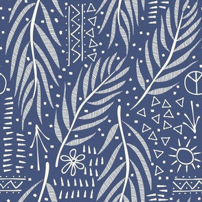 (L) Peace, Love, Leaves 60s/70s Doodles Cream on Blue Celebrating Mother Earth