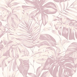 Pink tropical forest. Kids home decor. Cream monstera leaves. 
