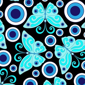 Blue butterflies, evil eye, hand drawn, black background. Seamless pattern (large) -158(5). 