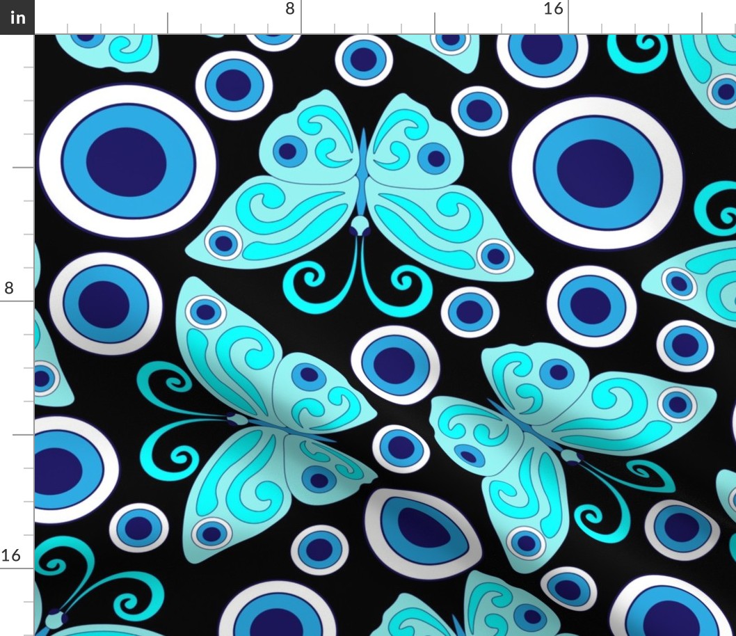 Blue butterflies, evil eye, hand drawn, black background. Seamless pattern (large) -158(5). 