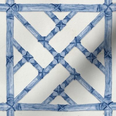24" Chinese Chippendale Bamboo Trellis in Blue and White by Audrey Jeanne