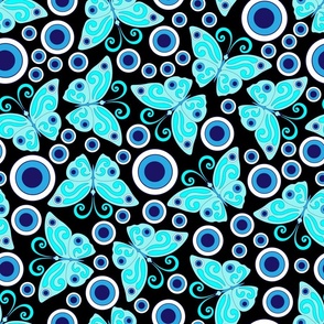 Blue butterflies, evil eye, hand drawn, black background. Seamless pattern (medium) -158(5).