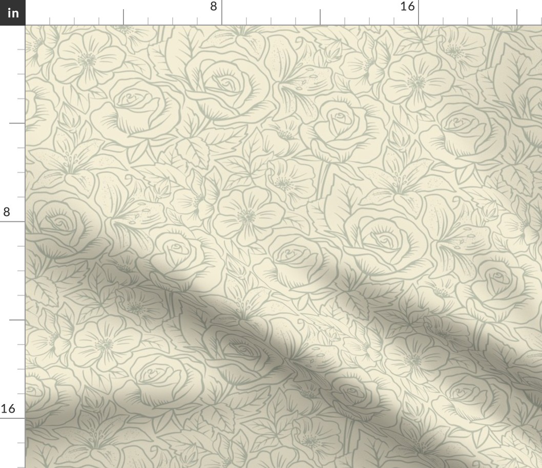 French Country Floral - Outline - Sage - Regular Scale