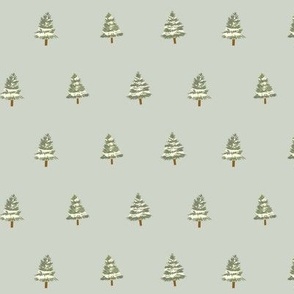 Snowcapped Evergreen Trees on Sage Green - Classic Christmas Pine Trees