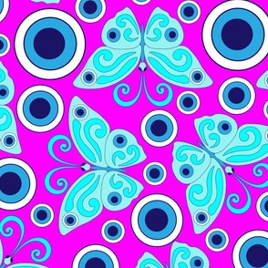 Blue butterflies, evil eye, hand drawn, pink background. Seamless pattern (large) -158(6). 