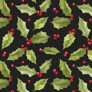 Vintage Christmas Holly and Berries on Black 12 inch