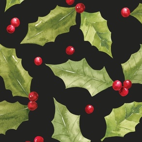 Vintage Christmas Holly and Berries on Black 24 inch
