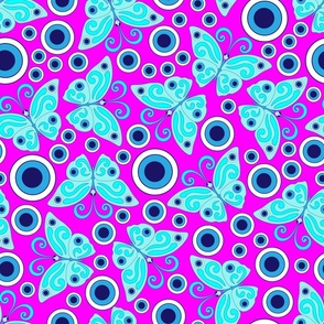 Blue butterflies, evil eye, hand drawn, pink background. Seamless pattern (medium) -158(6).