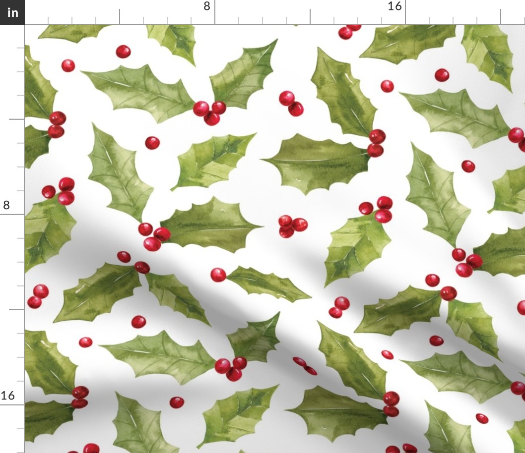 Watercolor Christmas Holly and Berries on White 12 inch