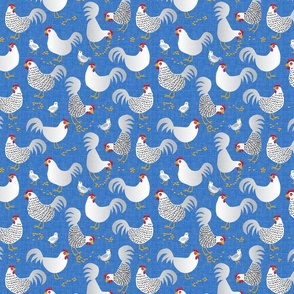 Chickens with Baby Chicks on Bright Blue Ground with Faux Texture Small Scale