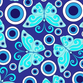 Blue butterflies, evil eye, hand drawn, blue background. Seamless pattern (large) -158(7).