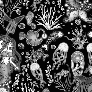 Siren Spirits Swimming in the Spooky Sea (Black and White large scale) 