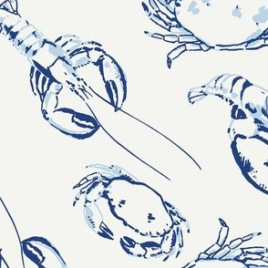 (XL) crustaceans - crab and lobster in navy blue on offwhite in XL scale