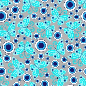Blue butterflies, evil eye, hand drawn, grey background. Seamless pattern (medium) -158(8).