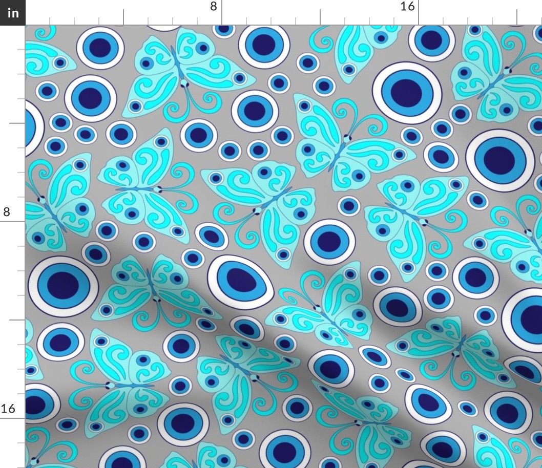 Blue butterflies, evil eye, hand drawn, grey background. Seamless pattern (medium) -158(8).