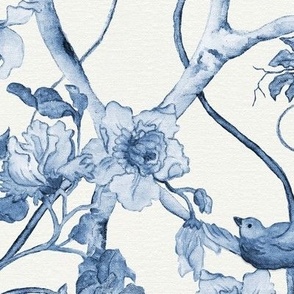 12" Floral Tree Chinoiserie Birds in Blue and White by Audrey Jeanne