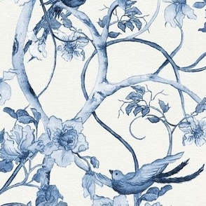 8" Floral Tree Chinoiserie Birds in Blue and White by Audrey Jeanne