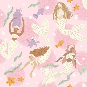 Mermummies_Mummy Mermaids Swimming in a Magical Pink Ocean with Sea Creatures