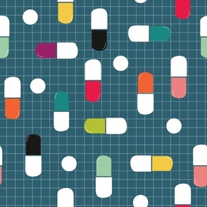 Symmetrical Capsule and Pill Grid Design  on teal background for Modern Wellness Textiles.