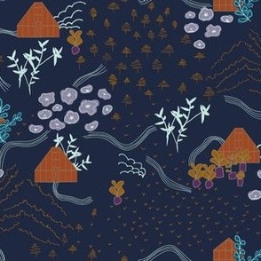 Glasshouse Path on Navy Blue. MEDIUM. Landscape design ideal for kids room and home decor and more.