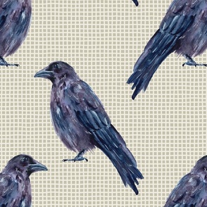 Watercolor Ravens/Crows on Checks - Greyish Blue, Purple, Cream on Beige - Large Scale