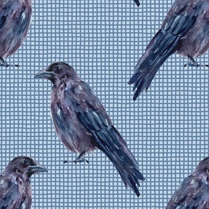 Watercolor Ravens/Crows on Checks - Greyish Blue, Purple, Blue Gray on Light Blue - Large Scale