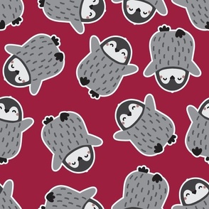 large 12x12in dancing penguins - red