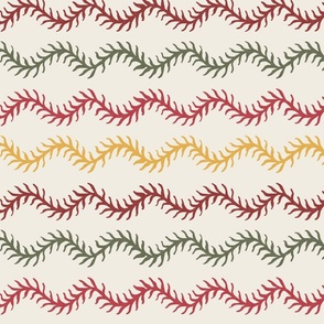 Horizontal vines in olive green, crimson and yellow on a cream base